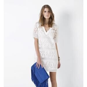 Animale Short Sleeve Sheath Lace Tunic Dress Sheer Layer Boho cover up small